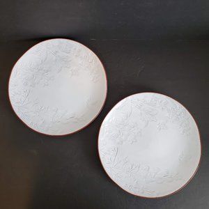 Pier 1 Terracotta White Glazed Dinner Plates 11" Impressed Floral Butterfly Set